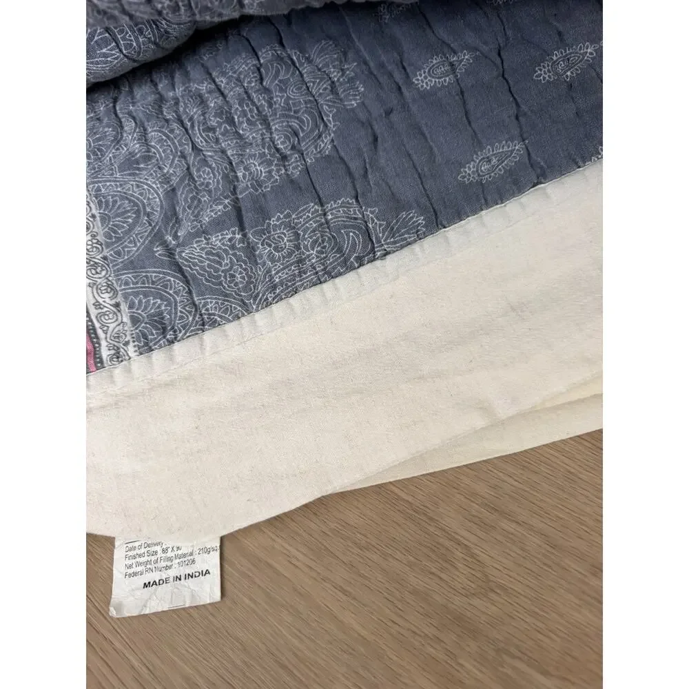 Vtg Soft Surroundings Paisley Stripe QUEEN Quilt Oatmeal/blue Cotton Linen Blend